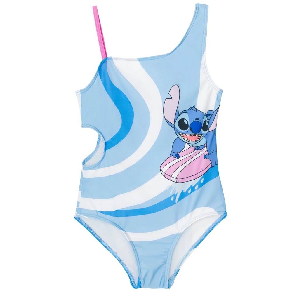 Disney Stitch Girls One Piece Swimsuit Blue Swirl Surfing UPF 50+ Size 10-12 NWT